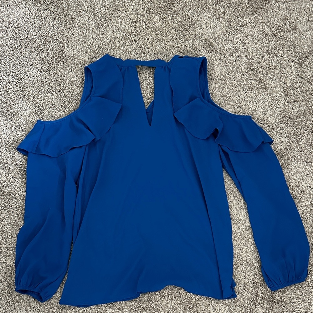 LOFT Vibrant Blue Ruffle Cold Shoulder Blouse